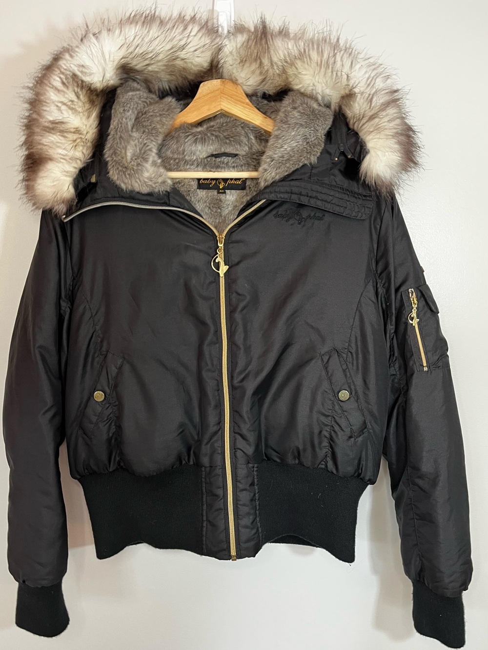 Vintage Y2K Baby Phat Black Bomber Jacket with Faux Fur Trim and Lining Women’s